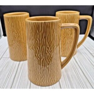 Vintage Mount Clemens Pottery Coffee Mugs Set of 3 Brown Wood Grain Texture